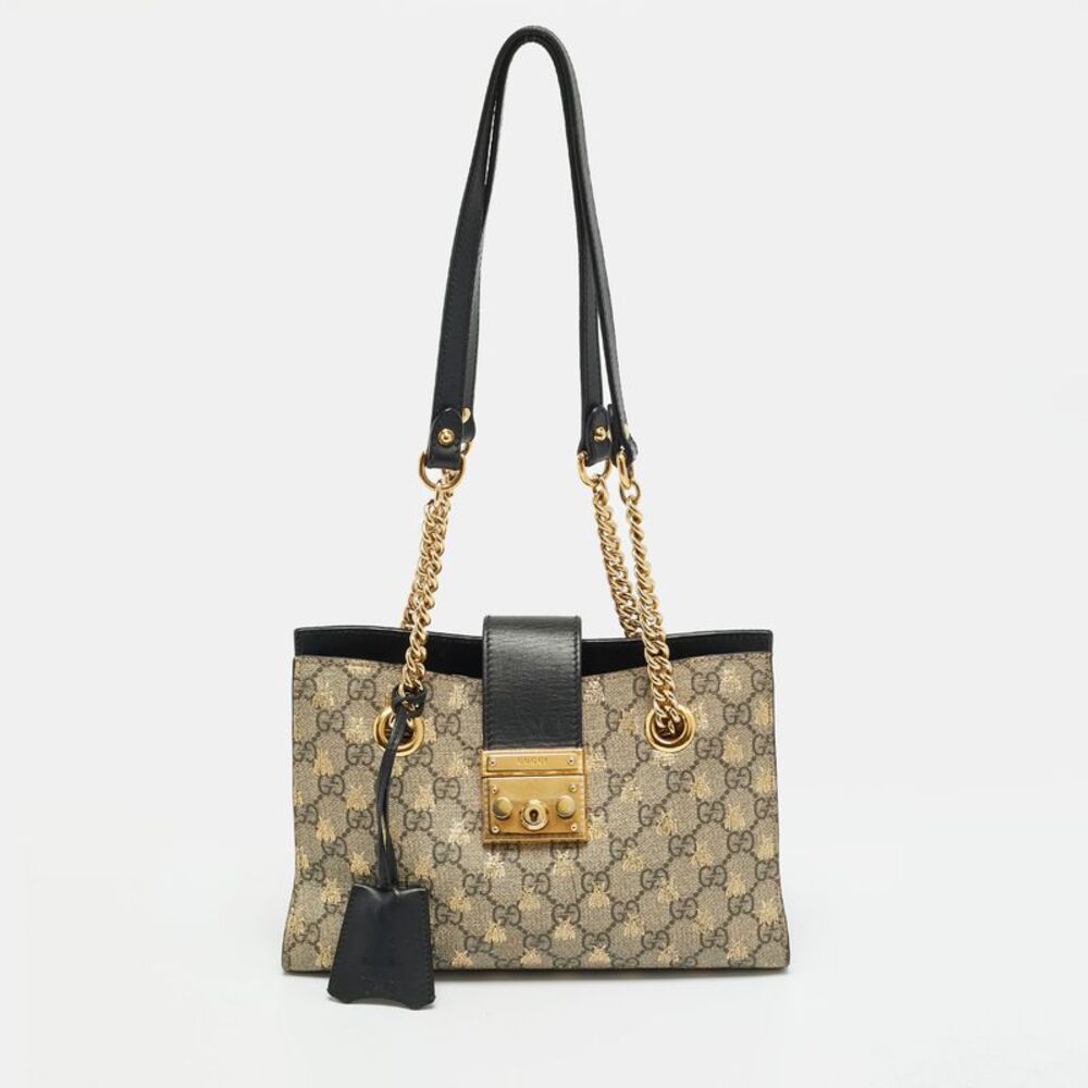 Gucci Padlock Bee Small Black/beige Gg Supreme Canvas And Leather Tote